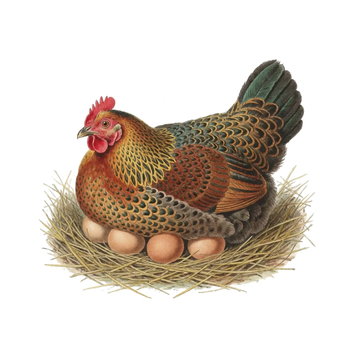 Watercolor plate of a broody bantam hen flattened over eggs in a nest box