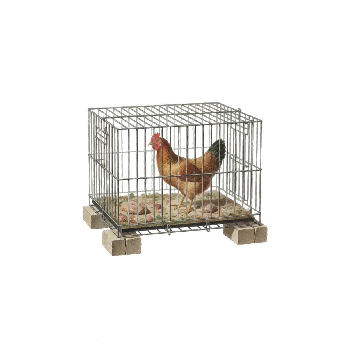 Watercolour plate of a wire-bottomed dog crate raised on blocks with food and water and no bedding, a hen inside cooling off