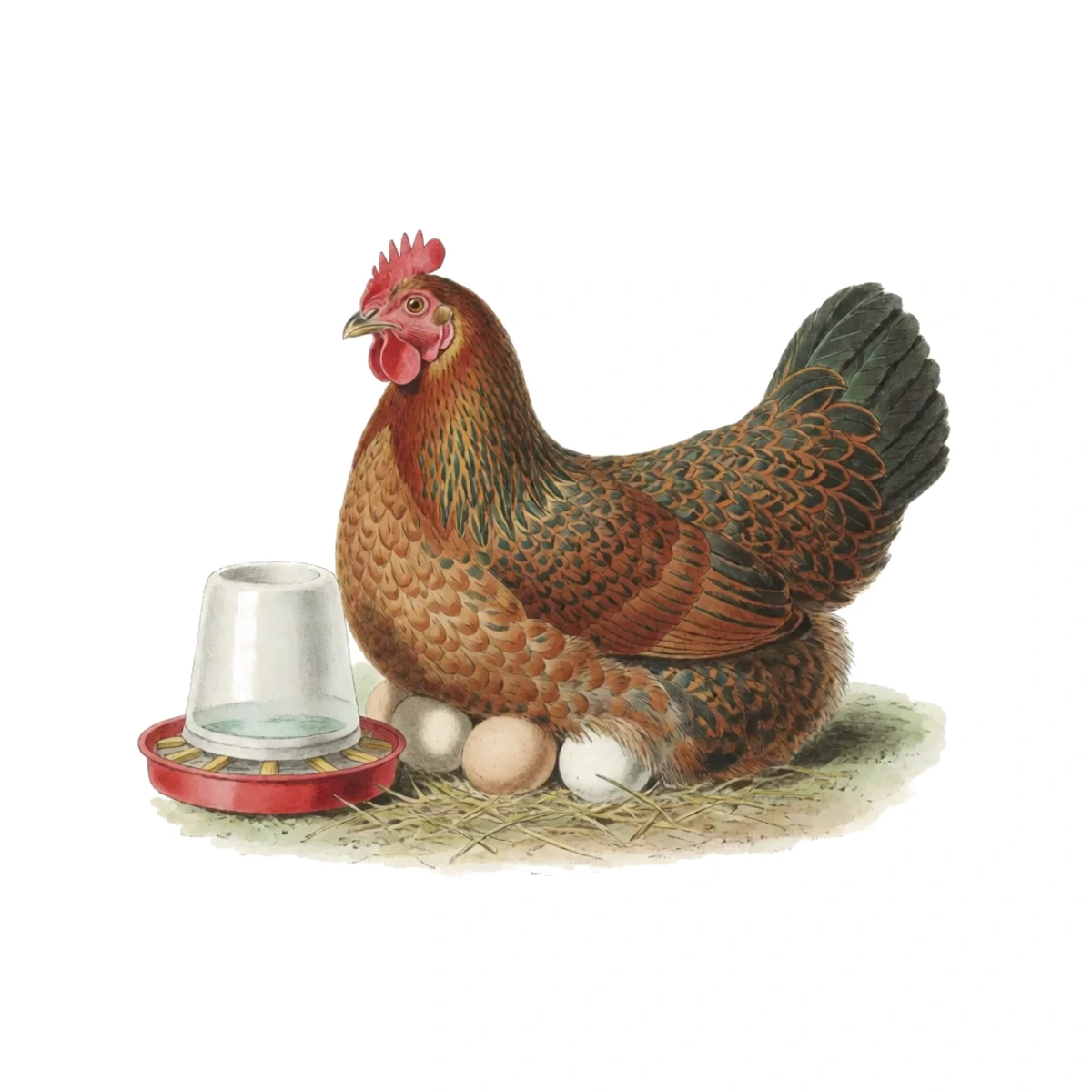 Watercolour plate of a broody hen settled on a clutch of eggs in a private pen with her own feeder and waterer