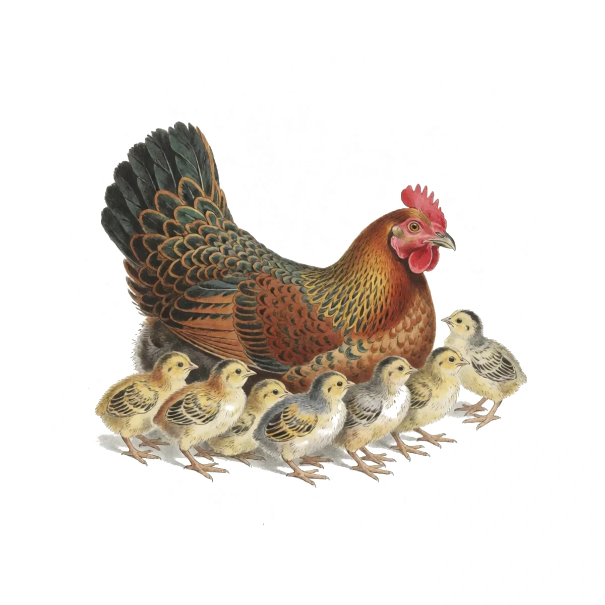 Watercolour plate of a mother hen with newly hatched chicks tucked under her wing, no heat lamp anywhere, the flock beyond