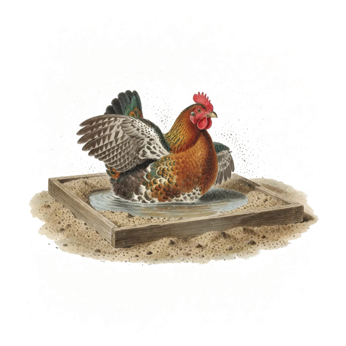 Watercolor plate of a hen bathing in a dust wallow, wings spread