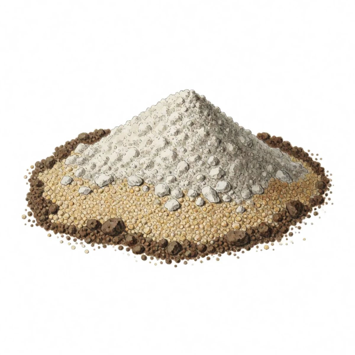Watercolour plate of the dust bath mix shown in layers - dry native soil, coarse sand, and a scoop of pale wood ash