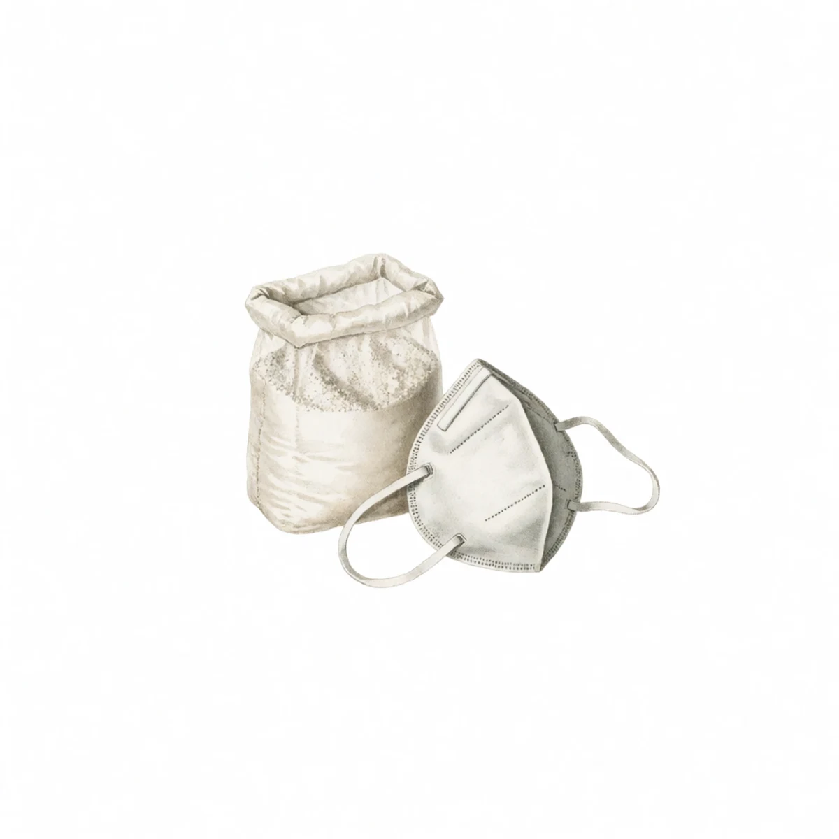 Watercolour plate of a small bag of diatomaceous earth with a cautioning gesture, a dust mask beside it