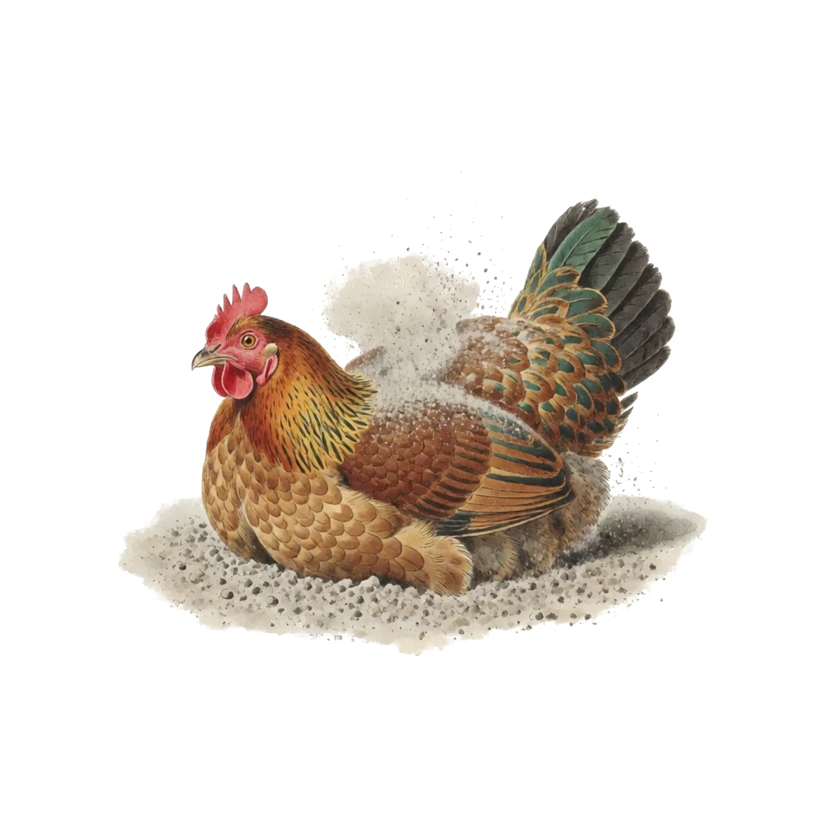 Watercolour plate of a hen mid dust bath, wings flinging dust up over her back, a cloud around her and a satisfied shake