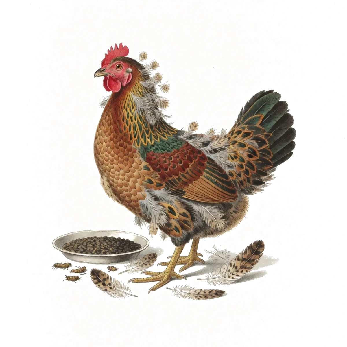 Watercolor plate of a molting hen with pin feathers and a dish of high-protein feed