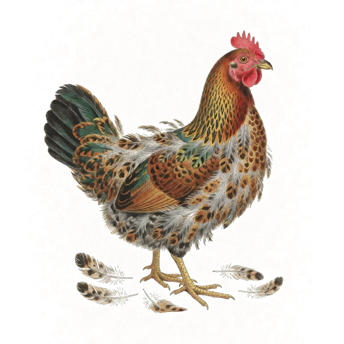 Watercolour plate of a moulting hen with bare patches on her neck and back and rows of new pin feathers, loose feathers scattered on the ground