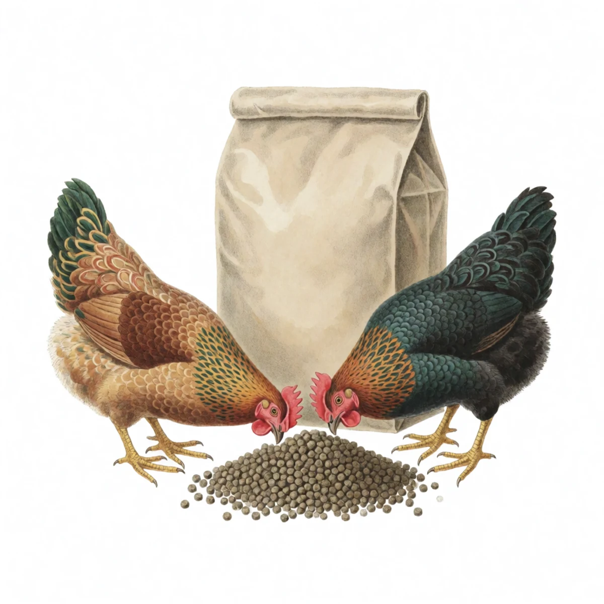 Watercolour plate of a scoop of high-protein flock feed pellets beside a bag, hens feeding