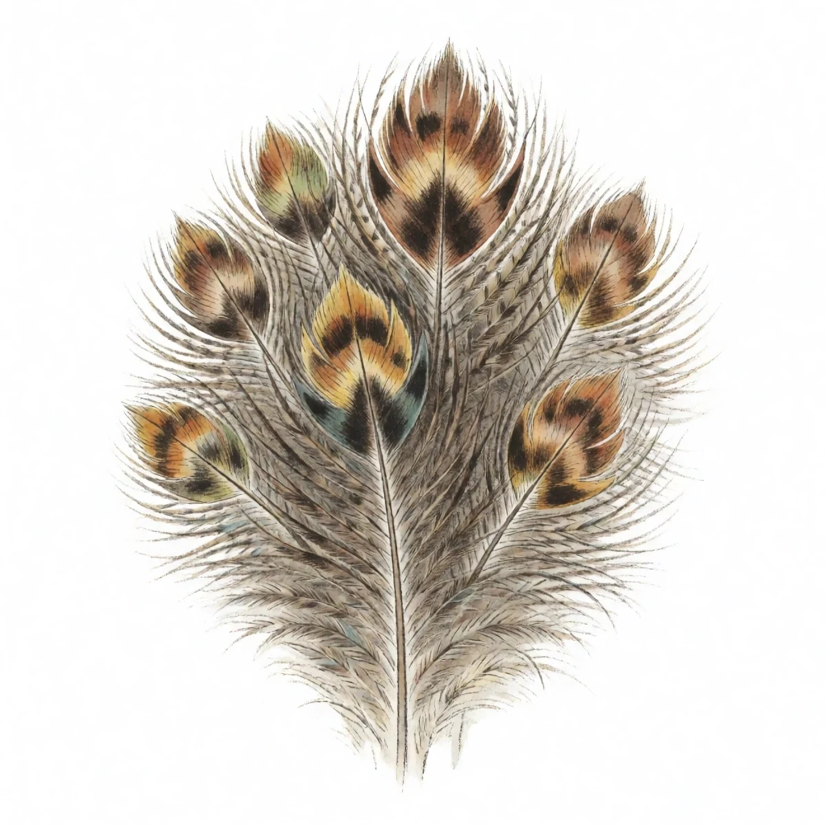 Watercolour plate of a close view of a hen's new pin feathers, each a blood-filled quill in a waxy sheath just beginning to open