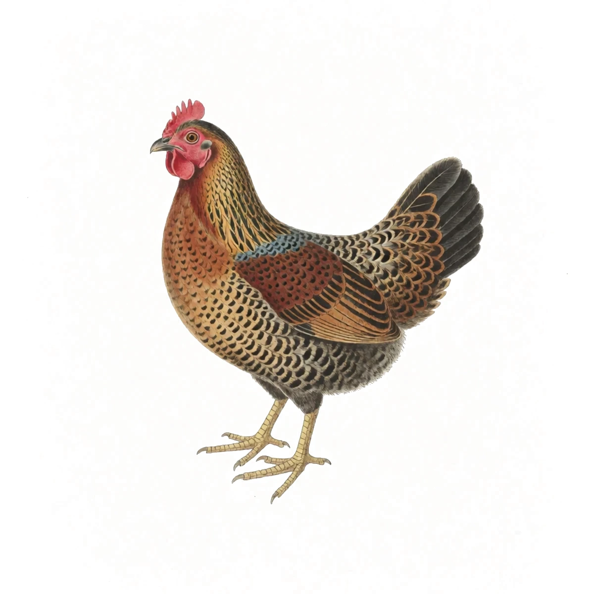 Watercolour plate of a fully re-feathered glossy hen beside a fresh egg in a nest box, moult finished