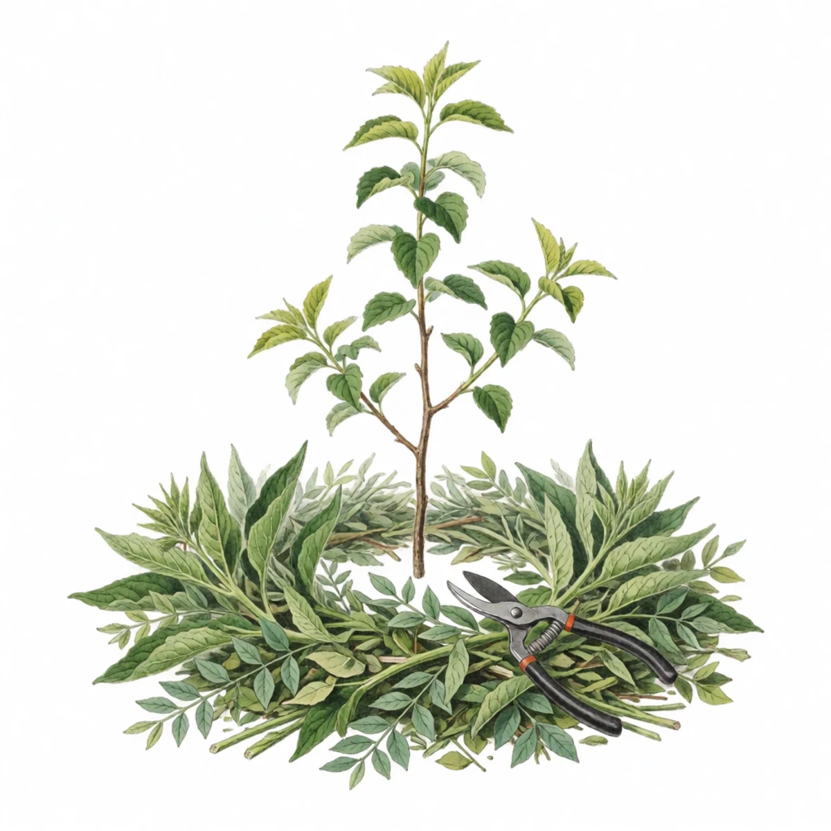 Watercolor plate of cut comfrey laid as mulch around a sapling
