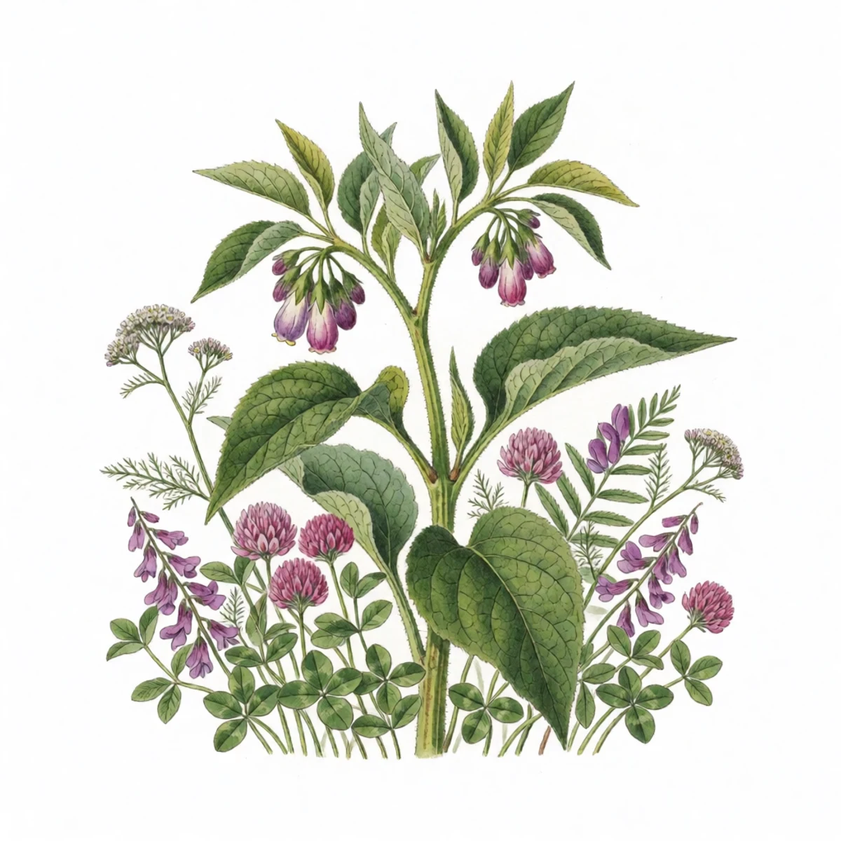 Watercolour plate of an understory planting of comfrey, clover, vetch and yarrow growing beneath a fruit tree