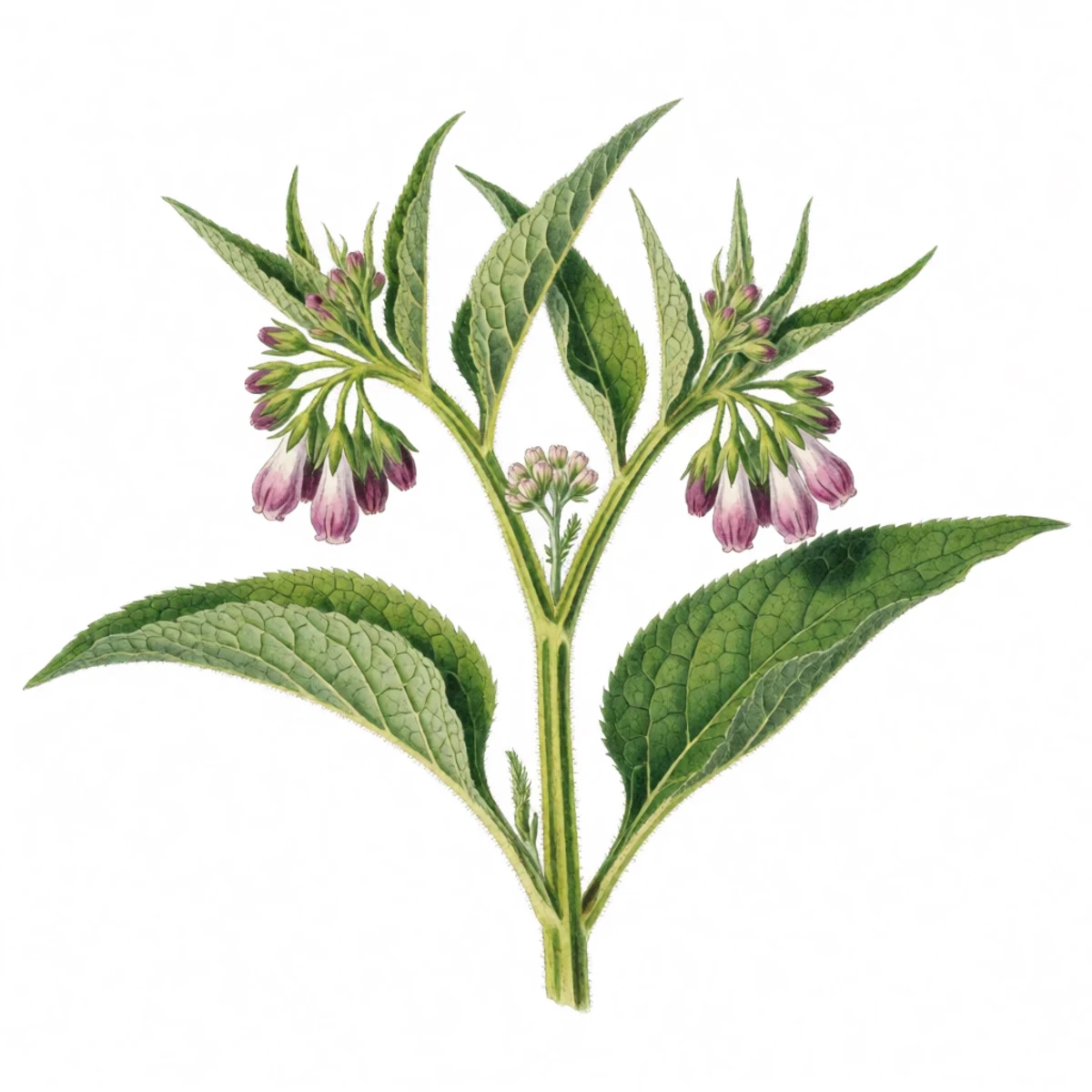 Watercolour plate of comfrey and yarrow at peak leaf just before bloom being sheared a couple of inches above the crown with a sickle