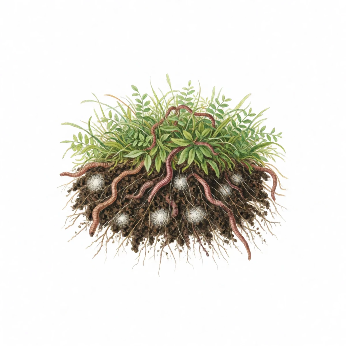 Watercolour plate of a green mulch layer half broken down into dark worm castings and white fungal threads, earthworms working in it