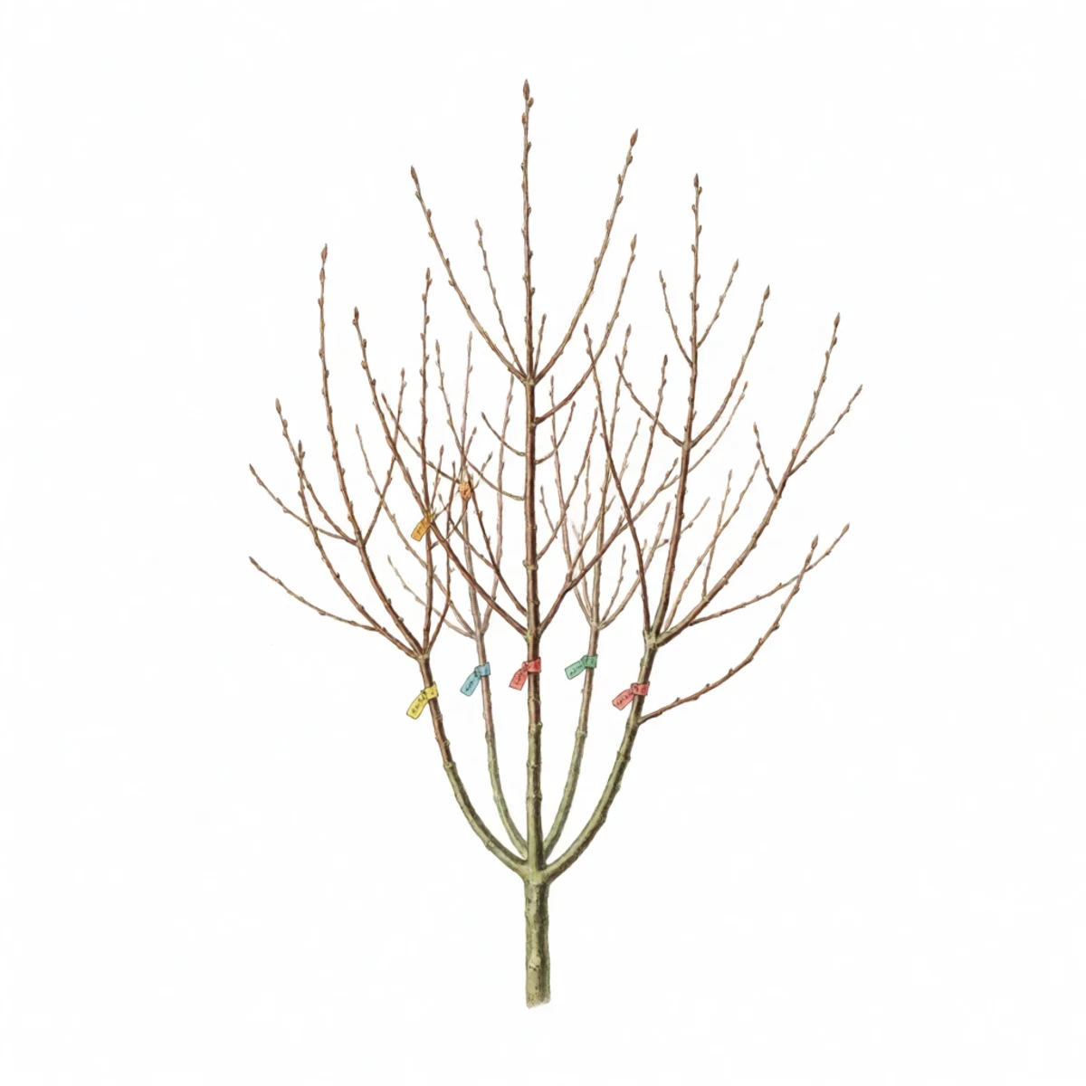 Watercolour plate of a young bare-branched plum rootstock tree with four evenly spaced scaffold limbs, small coloured labels tied to each limb, dormant winter form