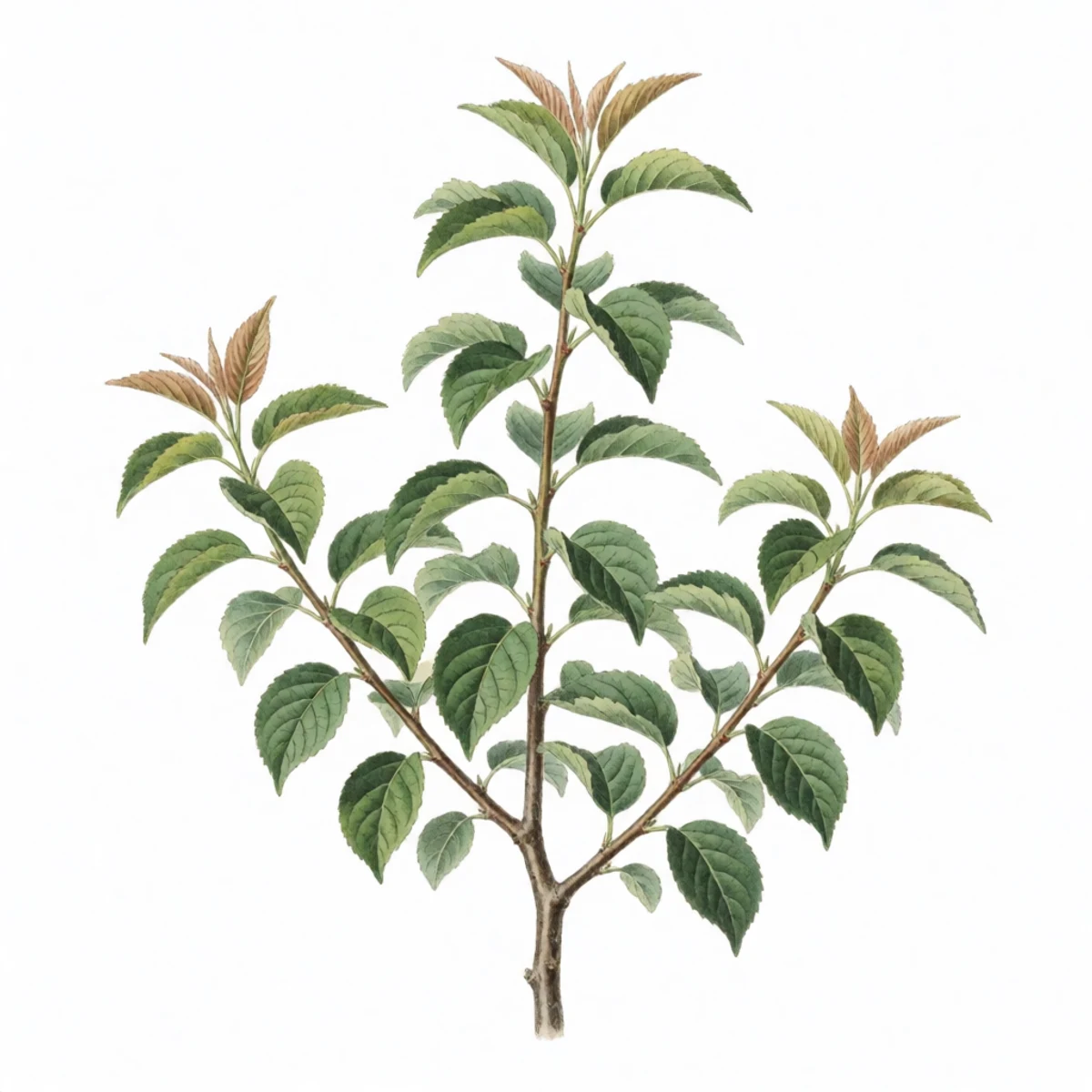 Watercolour plate of durable engraved aluminium plant labels wired to the limbs of a young grafted fruit tree, each stamped with a different variety name