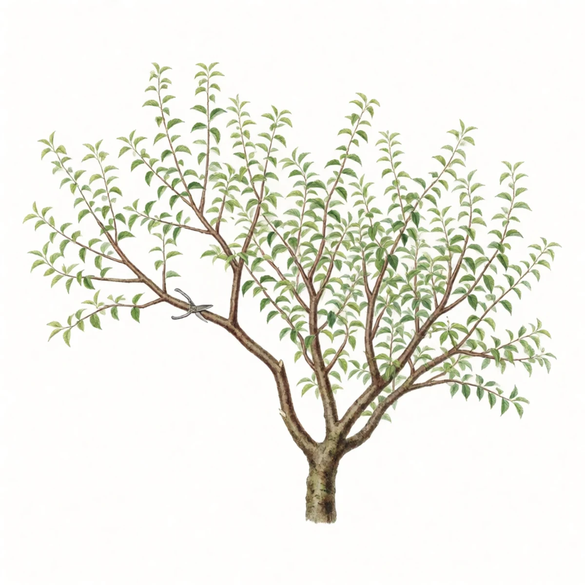 Watercolour plate of a multi-grafted fruit tree with one branch grown far longer and thicker than the other three, pruning shears cutting that dominant branch back to restore balance