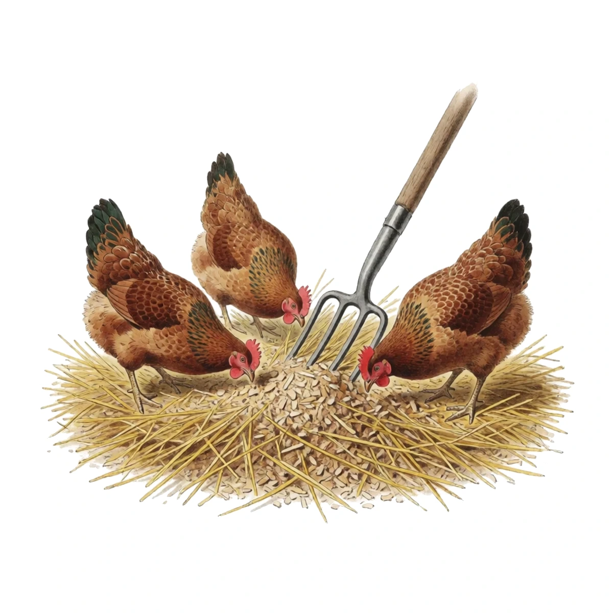 Watercolor plate of hens scratching deep litter beside a garden fork