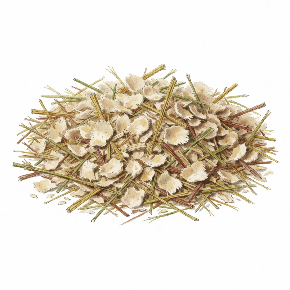 Watercolour plate of a clean coop floor covered four to six inches deep in fresh pine shavings and chopped straw