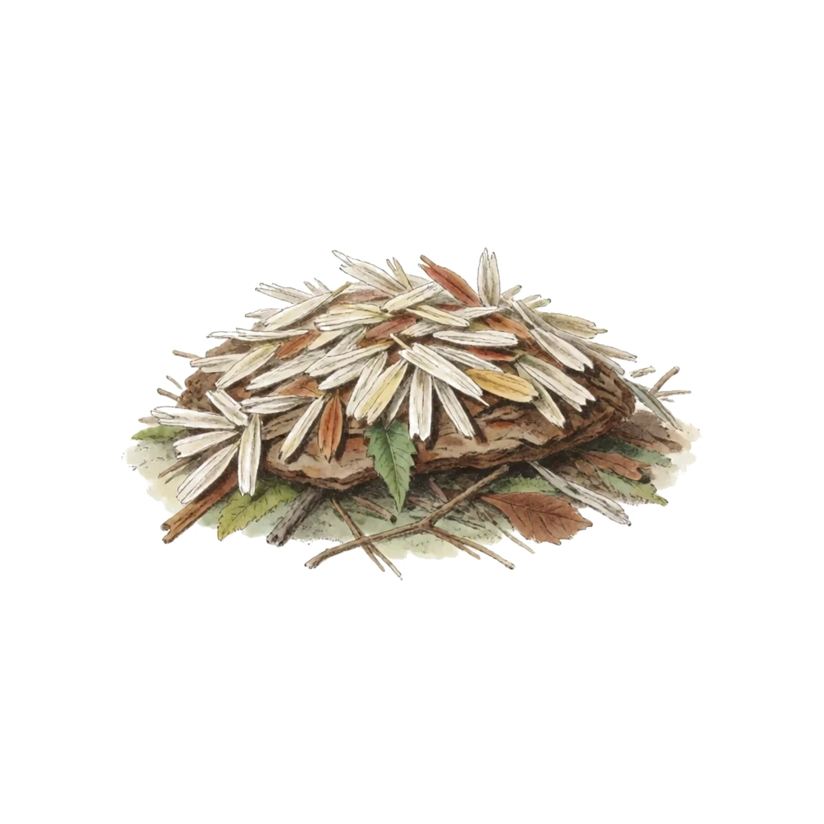 Watercolour plate of a fork turning caked litter under the roost and fresh shavings being scattered over the top