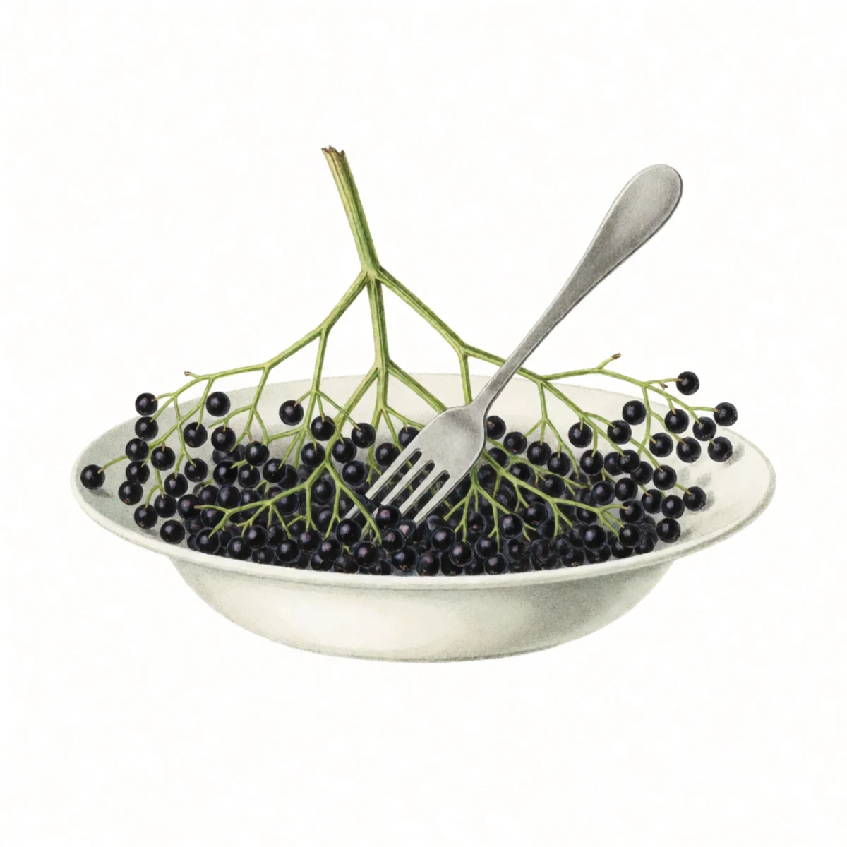Watercolour plate of frozen elderberry clusters being combed with a dinner fork over a wide bowl, dark berries raining off the green stems