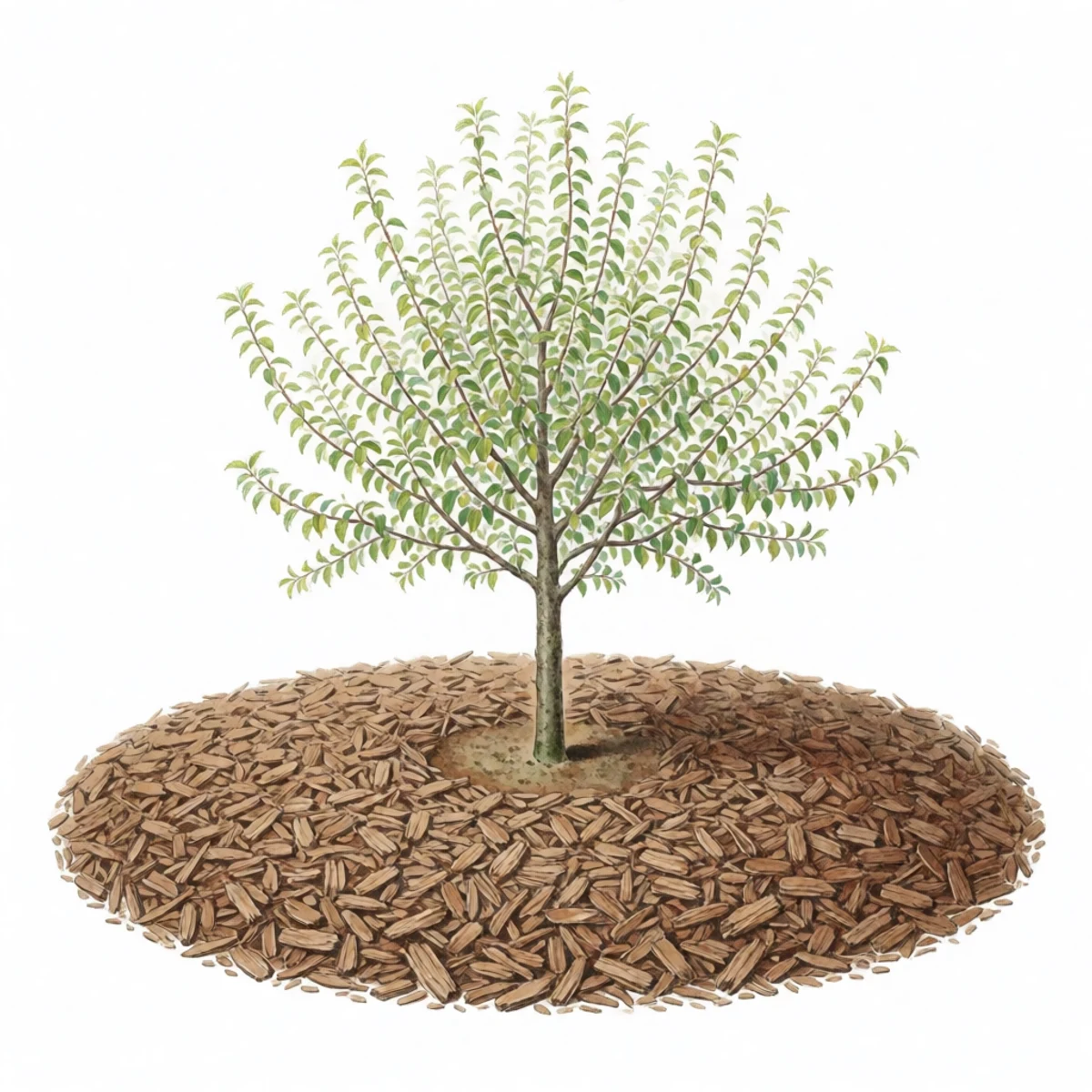 Watercolour plate of a circle of sheet mulch laid out around a young fruit tree to the width of its future canopy, cardboard and wood chips