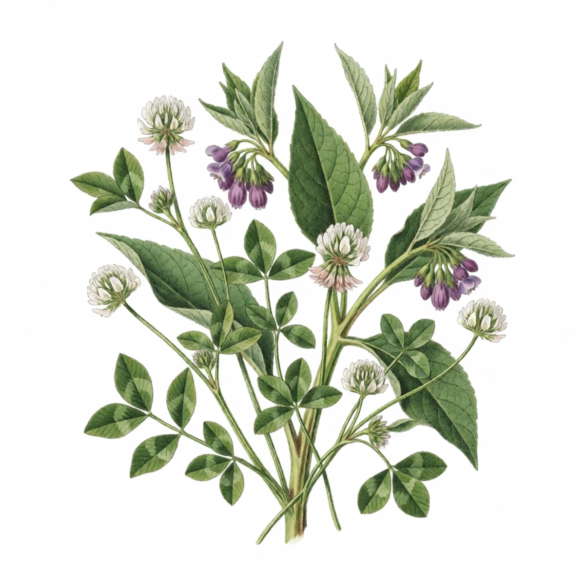Watercolour plate of the outer ring of a fruit tree guild planted with white clover, false indigo and comfrey