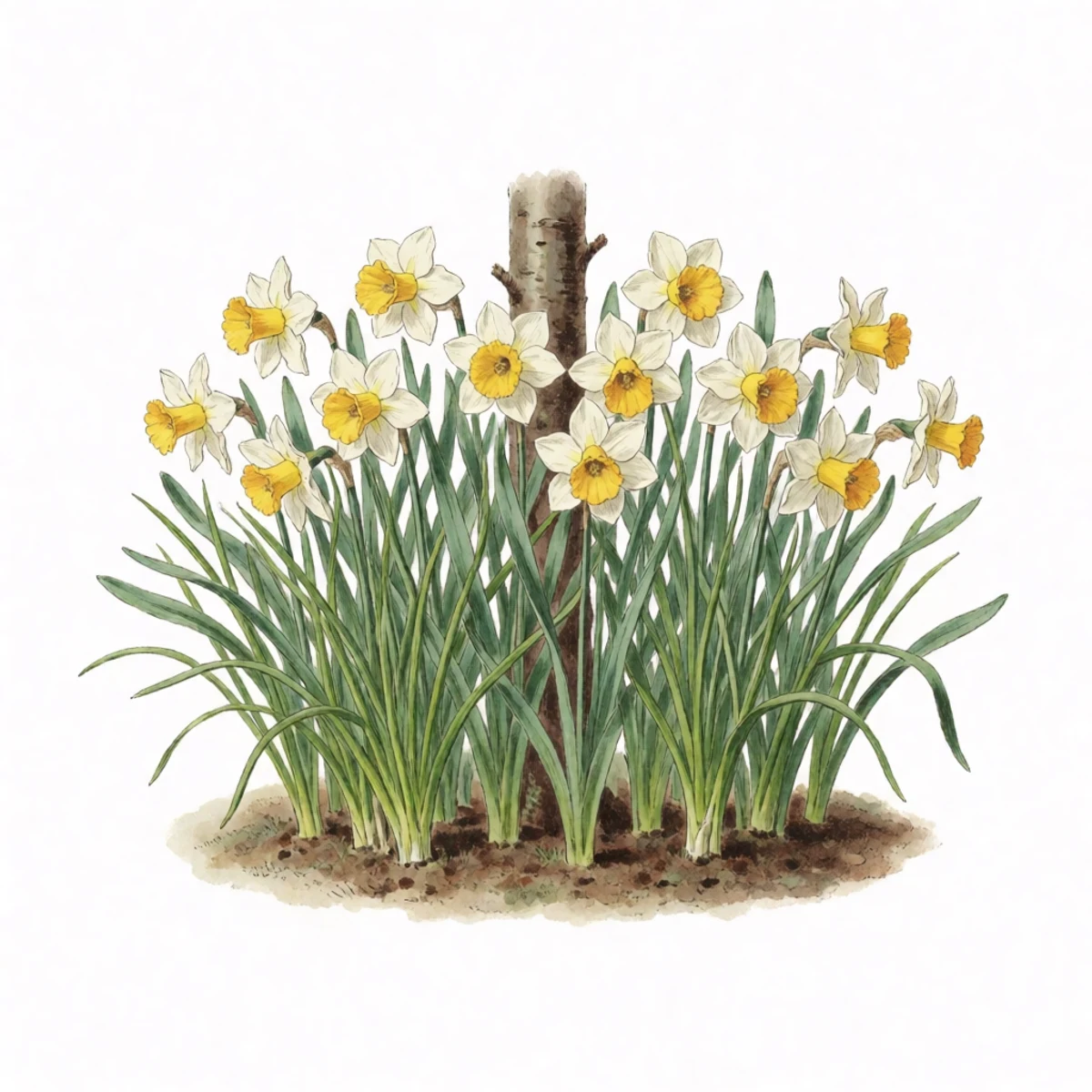 Watercolour plate of a ring of chives, garlic chives and daffodils planted close around a young fruit tree trunk