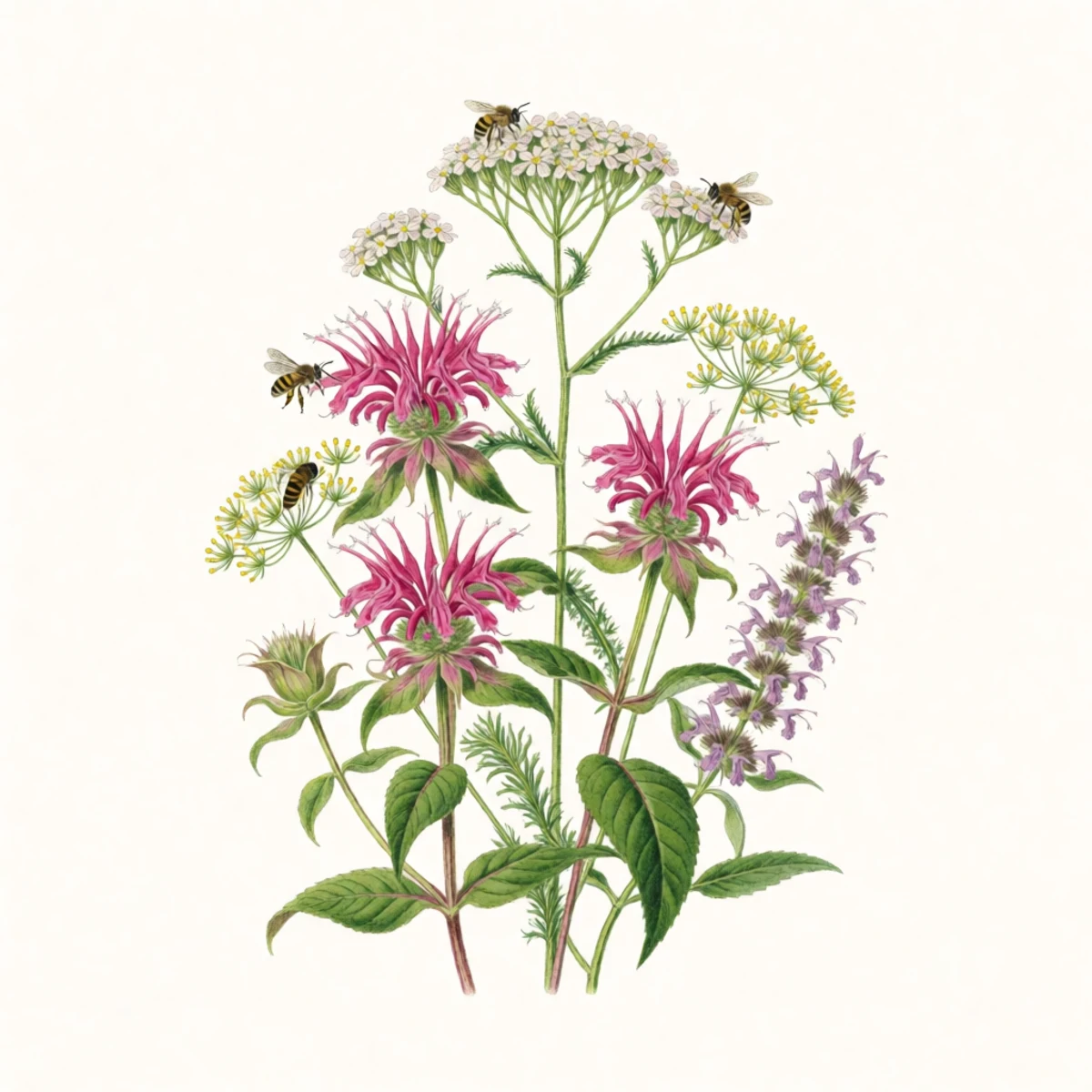 Watercolour plate of yarrow, bee balm, dill and anise hyssop flowering between the rings of a fruit tree guild with bees and a hoverfly