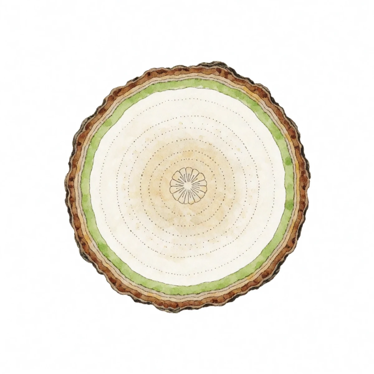 Watercolour plate of a close cross-section of a grafted fruit tree stem showing the thin bright green cambium layer aligned between bark and wood on scion and rootstock, cut faces matched