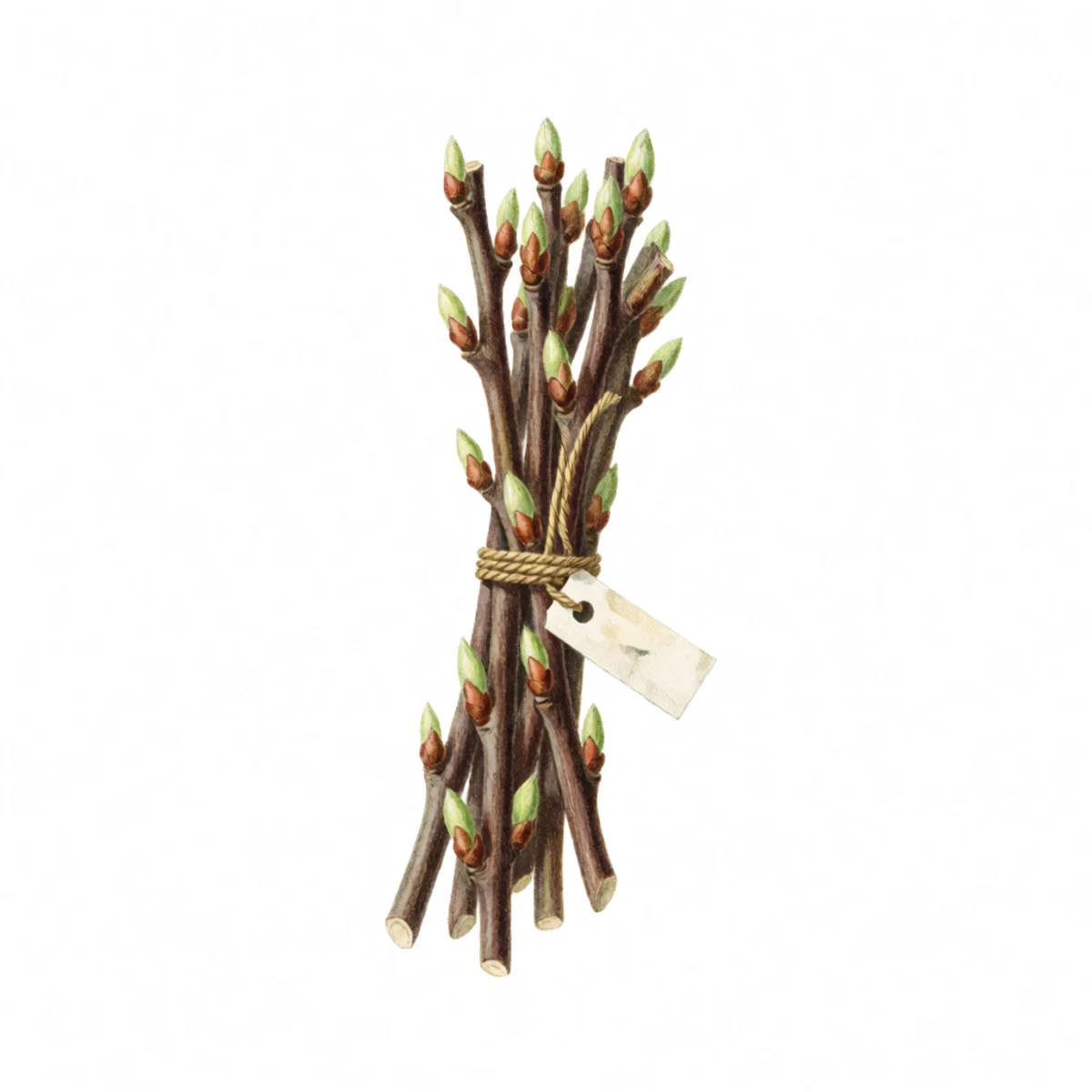 Watercolour plate of a bundle of dormant fruit tree scion sticks tied with twine and labelled with a small paper tag, plump unopened buds along each stick, cut ends waxed