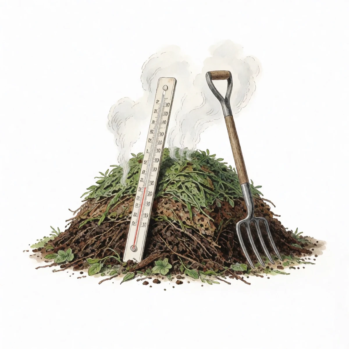 Watercolor plate of a steaming layered compost pile with a thermometer