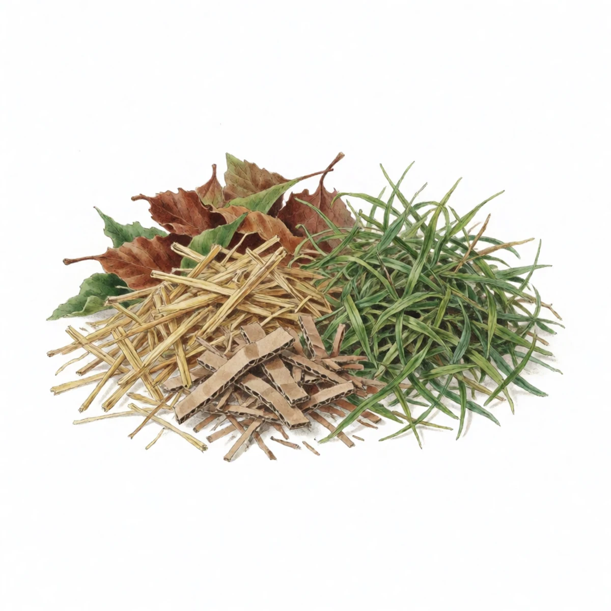 Watercolour plate of the compost recipe shown as ingredients - dry leaves, straw and shredded cardboard beside grass clippings and kitchen greens