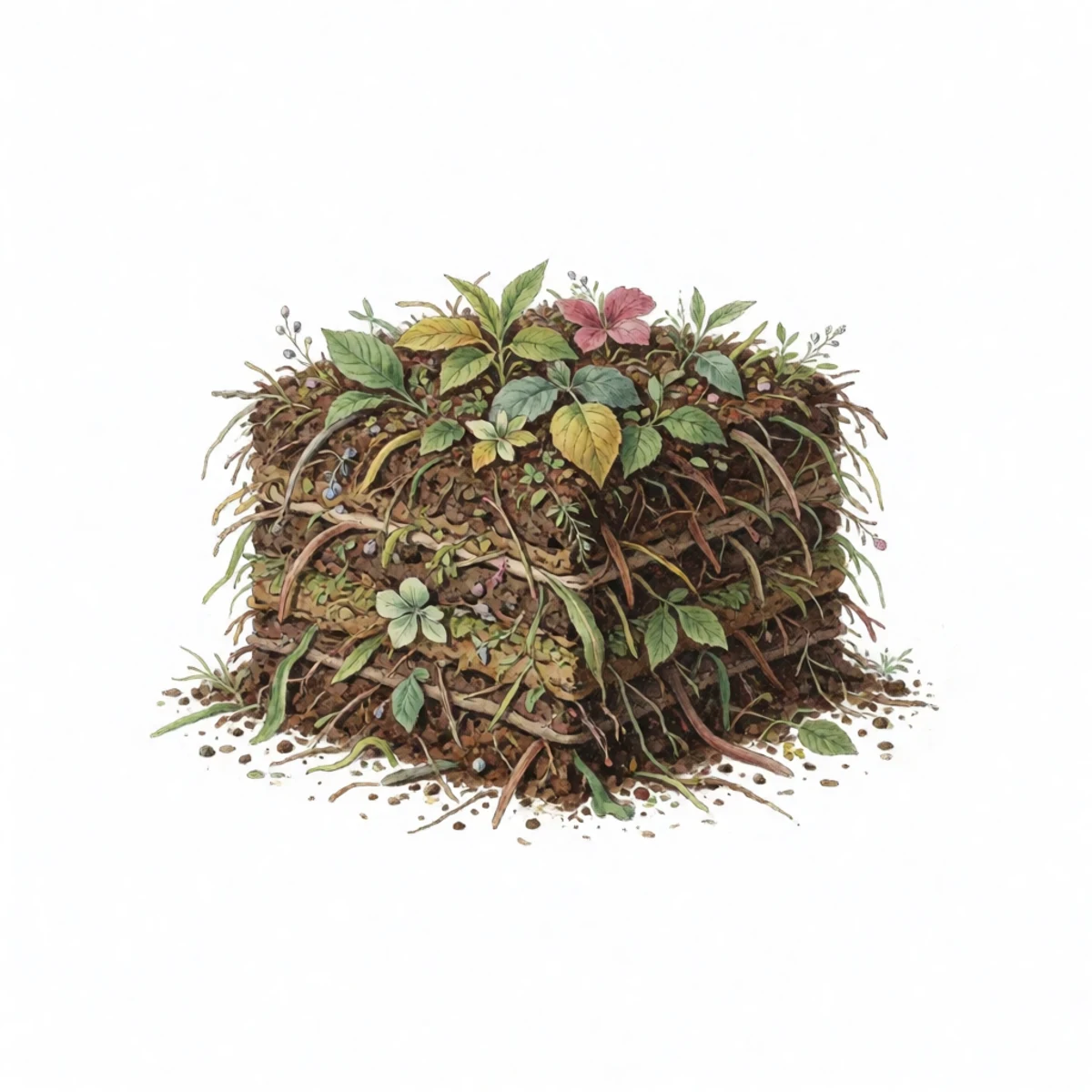 Watercolour plate of a compost pile built as a layered cube about three feet on each side, a hose wetting it as it goes up