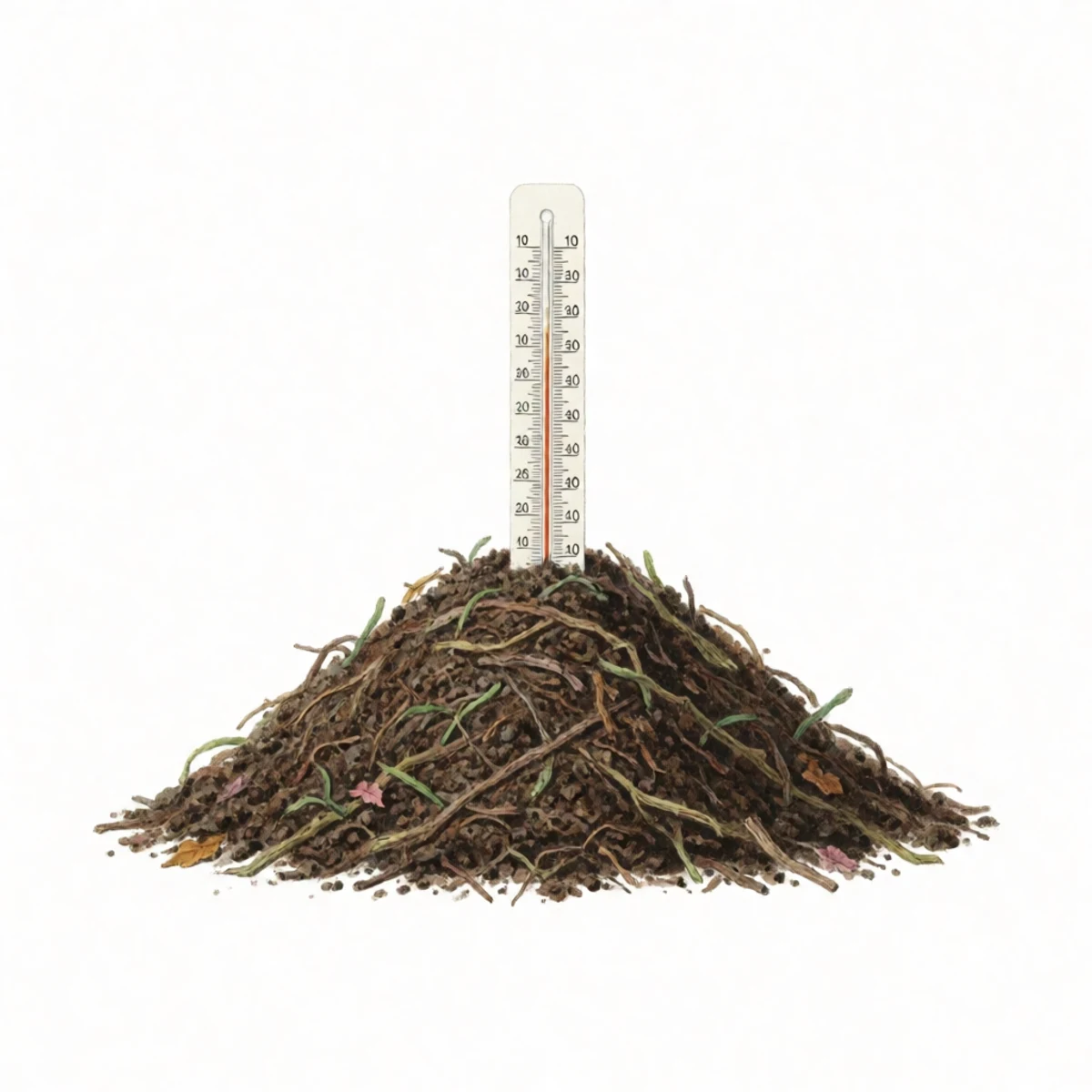 Watercolour plate of a long-stem compost thermometer pushed into the core of a steaming pile reading past 130 degrees