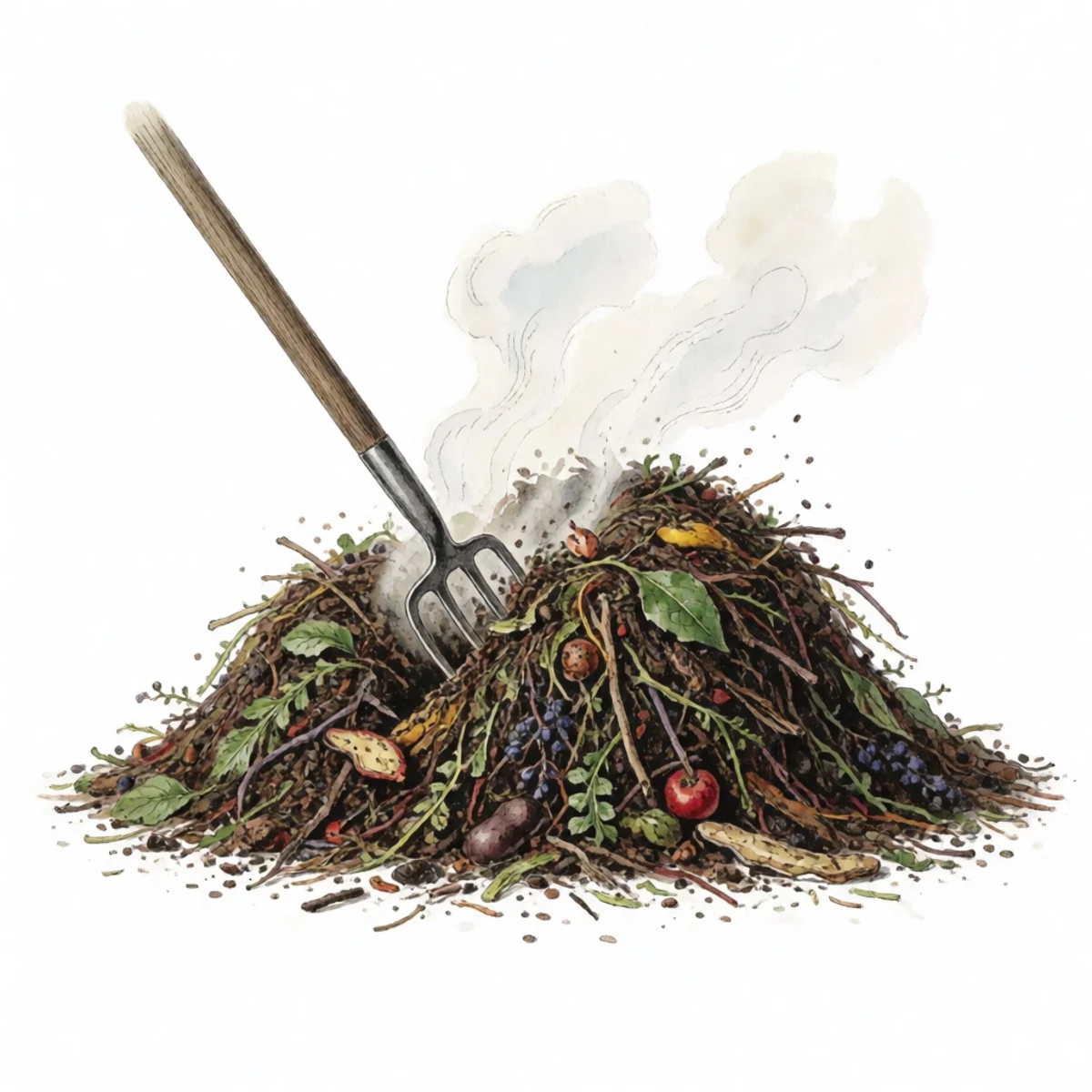 Watercolour plate of a compost pile being turned with a fork, cool outer material moved into the hot centre, steam rising