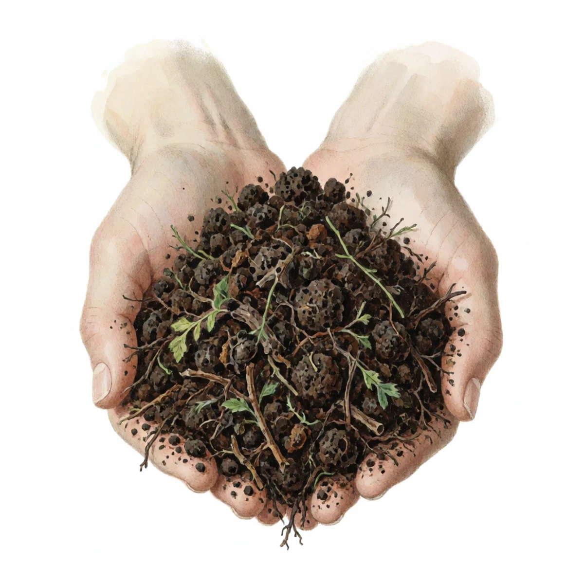 Watercolour plate of finished dark crumbly compost held in two hands, shrunk to half the original pile, forest-floor texture