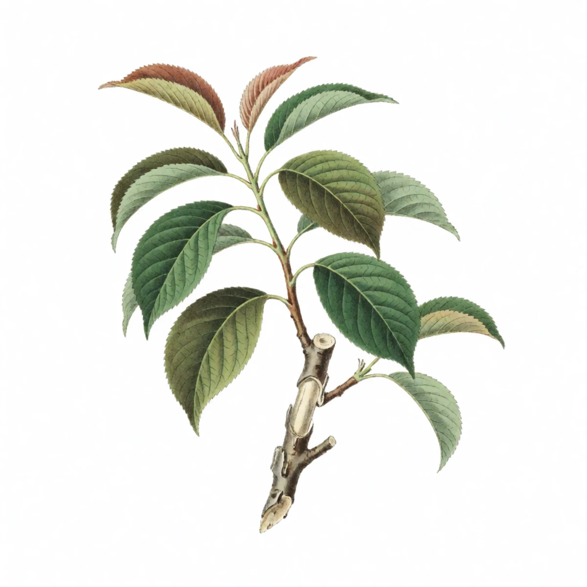 Watercolour plate of a fruit tree branch with a clean ring of bark peeled away between two knife cuts, pale bare wood exposed in the gap, curls of removed bark below