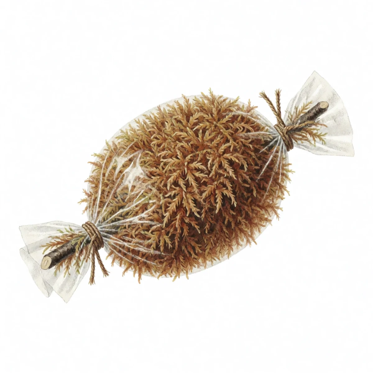 Watercolour plate of a ball of wet brown sphagnum moss packed thickly around a girdled branch and bound in clear plastic film, tied at both ends with twine