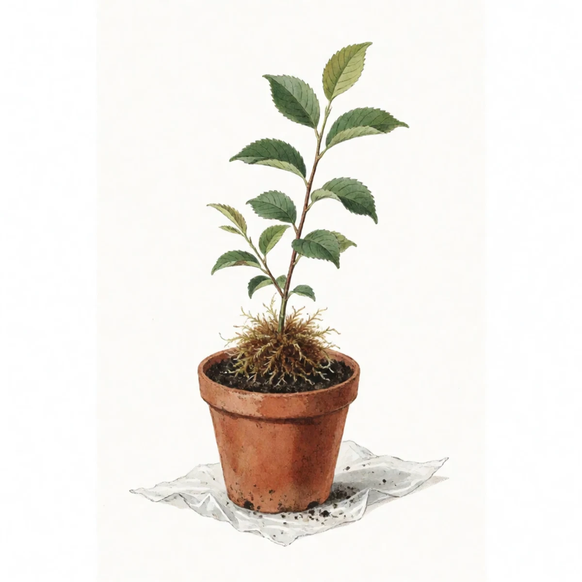 Watercolour plate of a rooted air layer severed from the parent branch, the moss ball intact and threaded with white roots, being lowered into a pot of soil