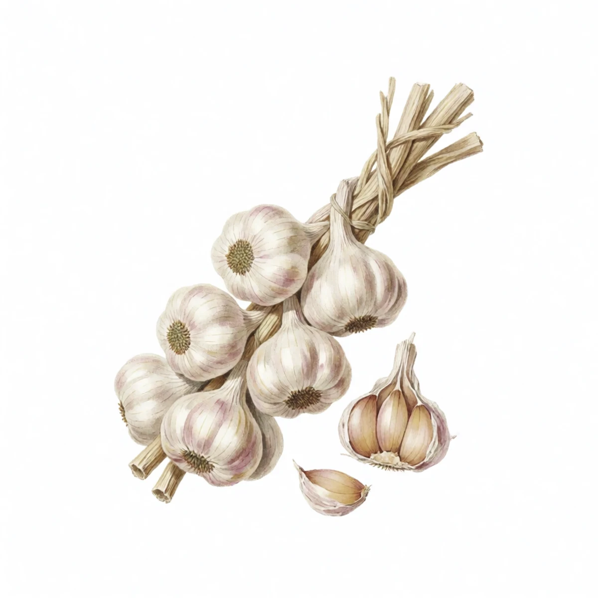 Watercolor plate of cured garlic bulbs in a braid, one split into cloves