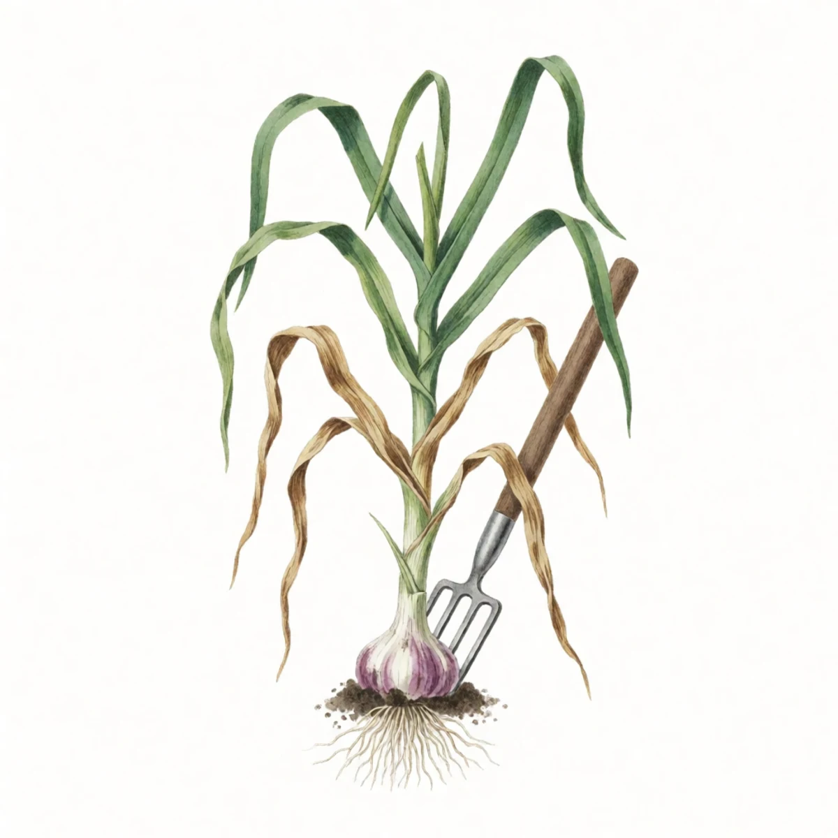 Watercolour plate of a garlic plant being lifted with a fork, lower leaves browned and upper leaves still green, soil brushed lightly from the bulb