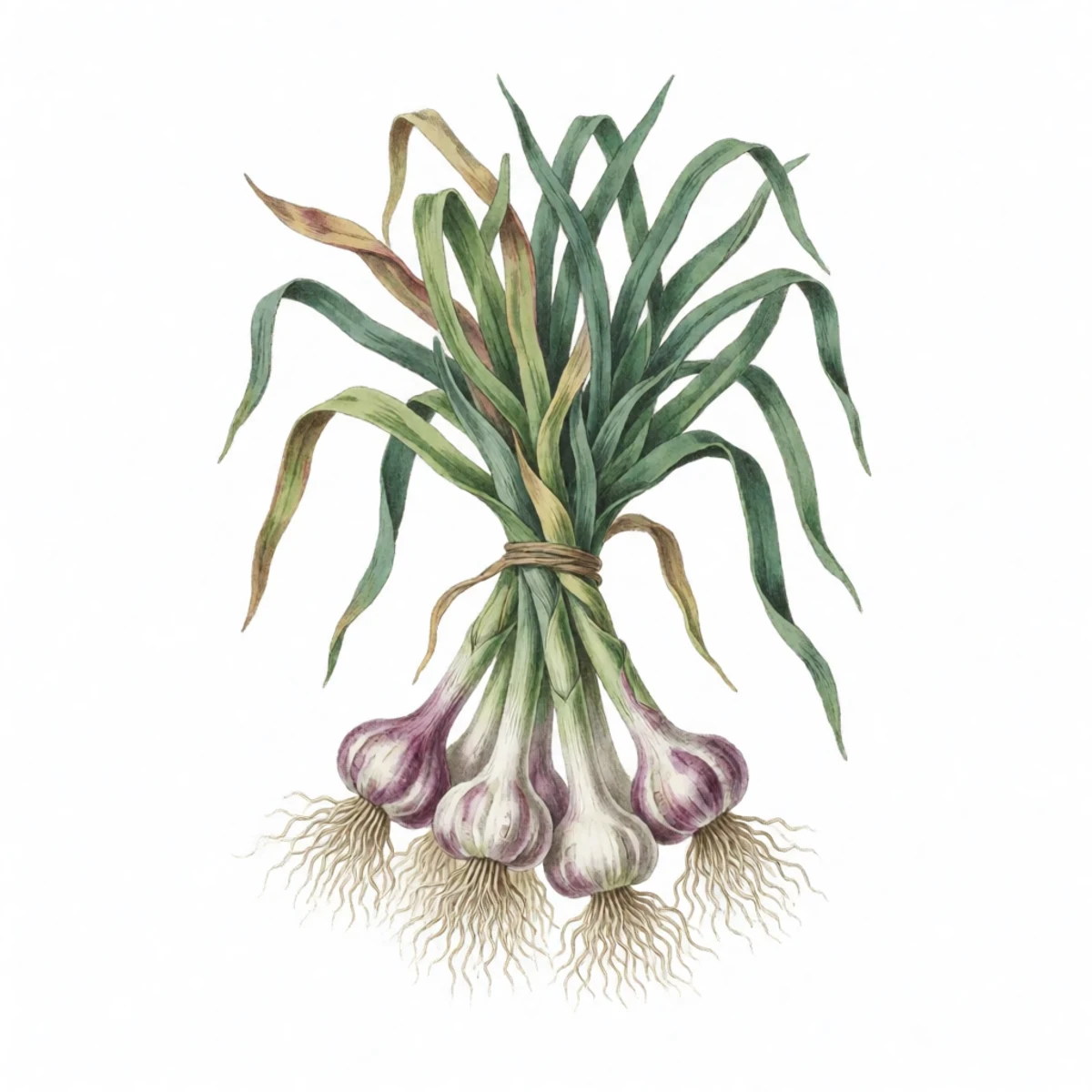 Watercolour plate of whole garlic plants with leaves and roots still attached hanging in bundles in airy shade