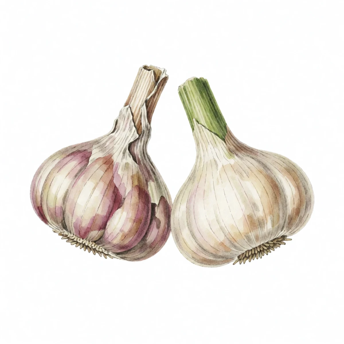 Watercolour plate of a cured garlic bulb with a tight dry papery neck beside an uncured one with a soft green neck, shown for comparison