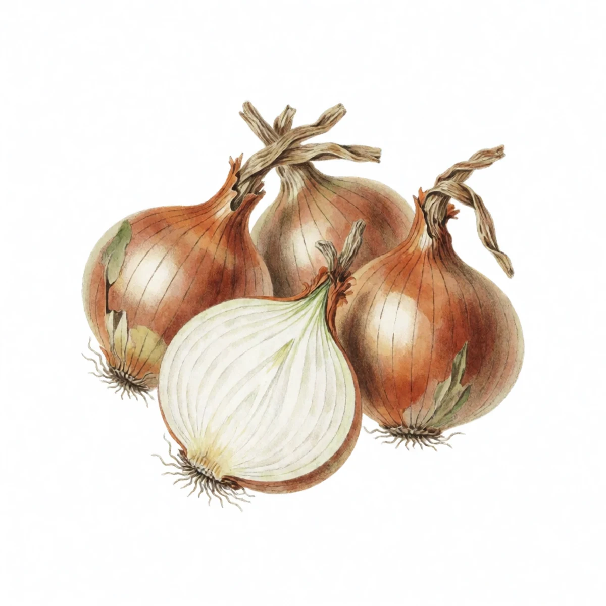 Watercolor plate of storage onions with dried folded tops and bronze skins