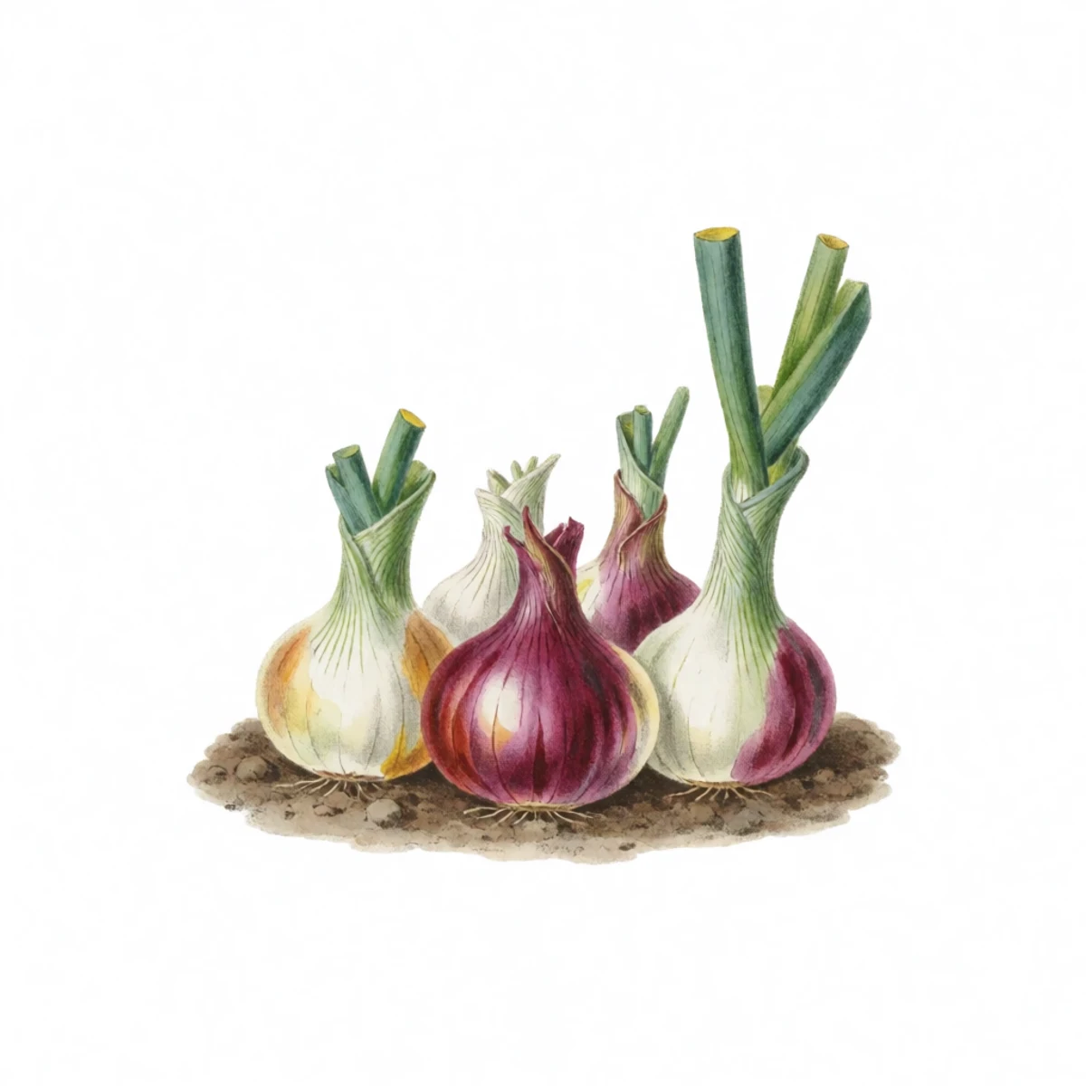 Watercolour plate of an onion bed with most tops folded over at the neck, bulbs shouldering out of the soil, a few tops still standing