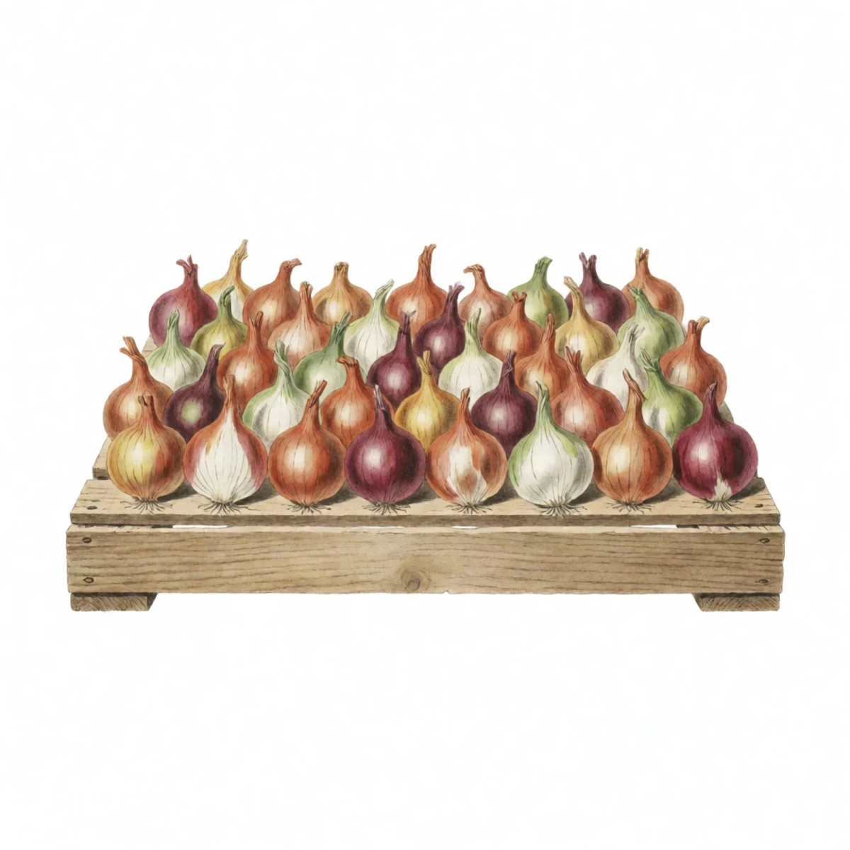 Watercolour plate of onions spread one layer deep on a slatted wooden crate in a covered airy place, tops still attached