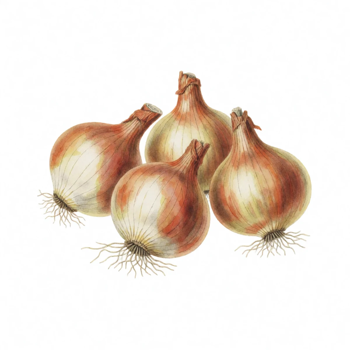 Watercolour plate of cured onions with tops trimmed to an inch and roots cut close, one thick-necked bulb set aside from the sound ones