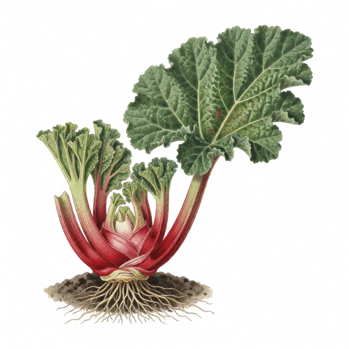 Watercolor plate of a rhubarb crown split into divisions