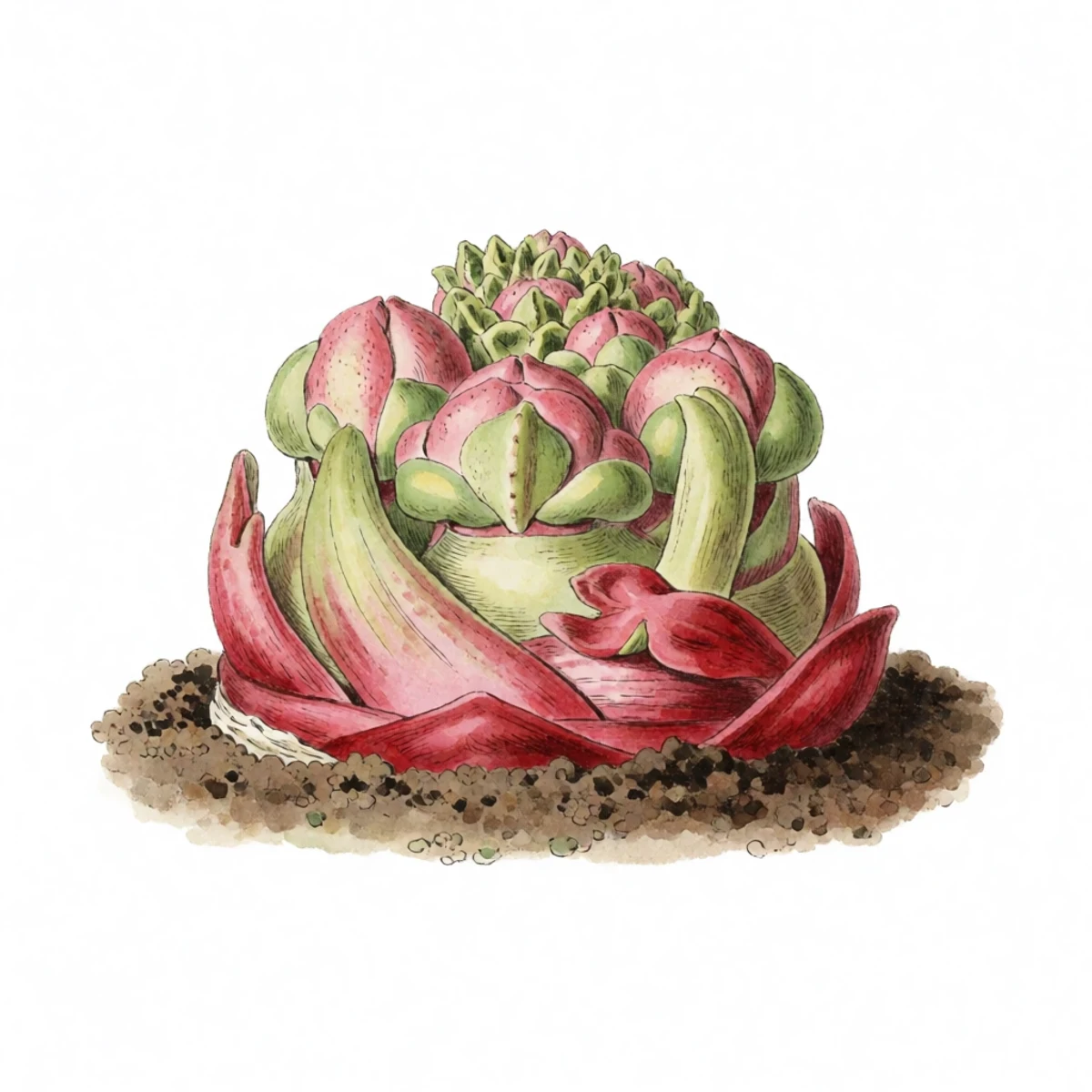 Watercolour plate of a dormant rhubarb crown at ground level in early spring with fat pink buds sitting on top and no leaves yet unfurled