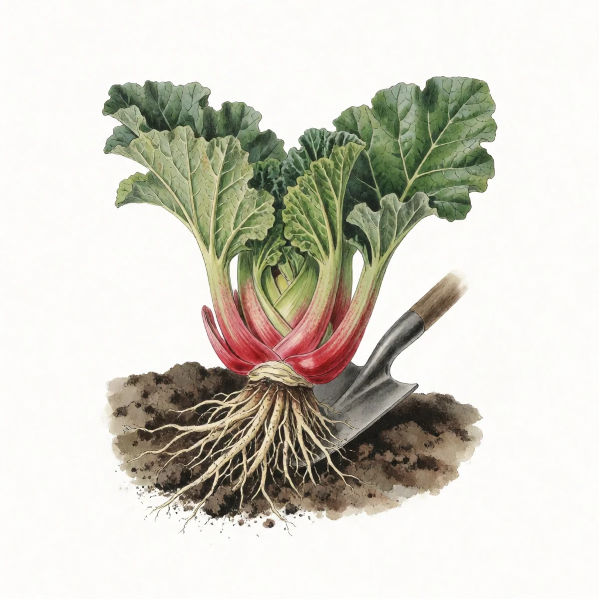 Watercolour plate of a whole rhubarb crown levered out of the soil with a spade, thick pale roots trailing dark earth, the spade blade beneath it